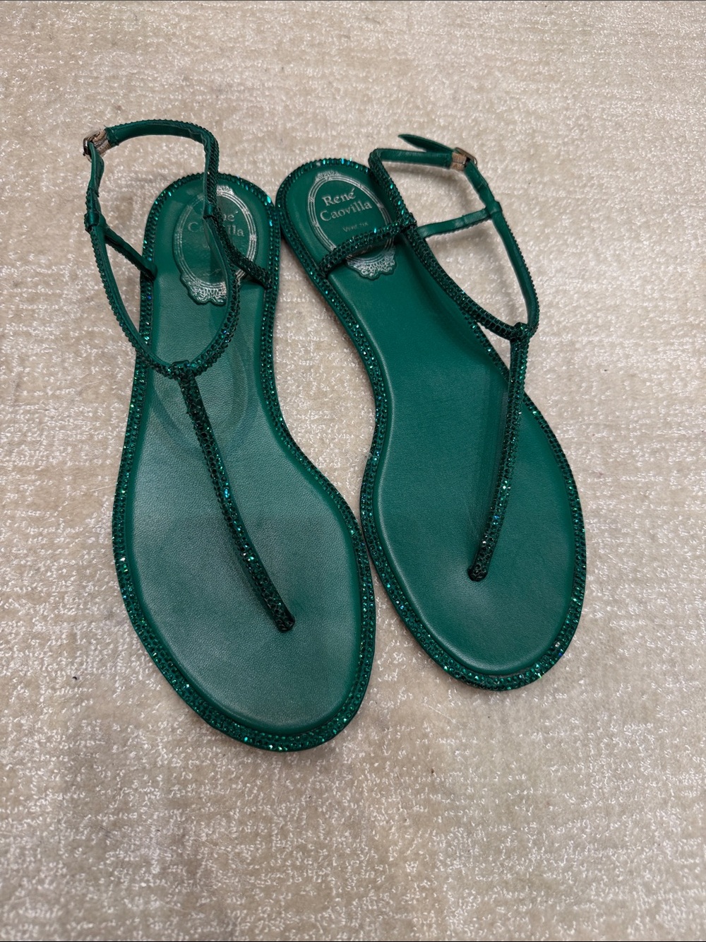 Rene Caovilla Emerald Green Crystal T-Strap Flat Sandals